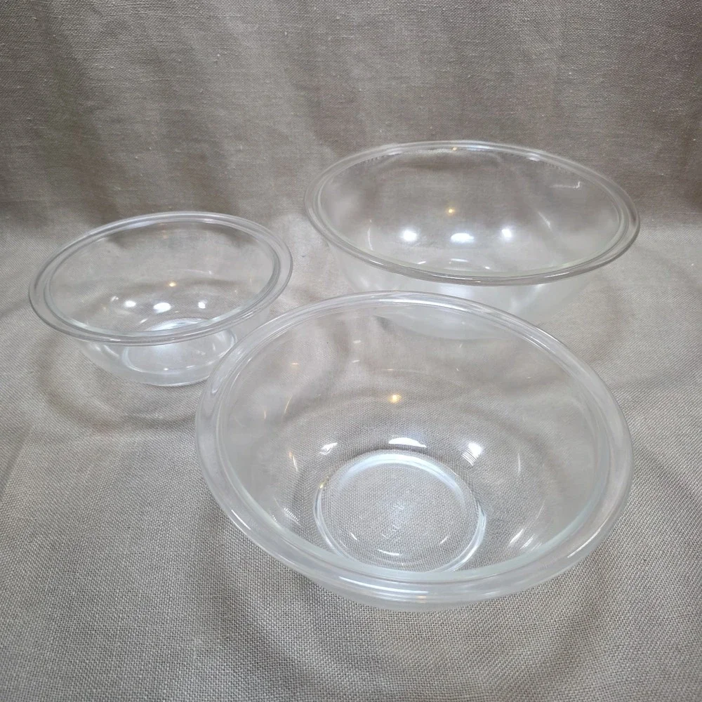 Vintage Set of 3 PYREX Clear Glass Mixing Nesting Bowls #322, #323, #325